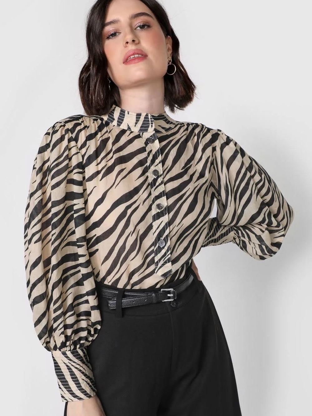 Banana Republic Ramie Popover Shirt Lg Blk Beige Zebra Print - Picture 5 of 7